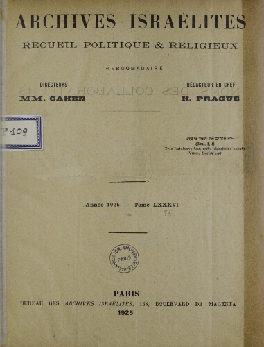 Archives israélites de France.Vol.86 N° Table des Matières